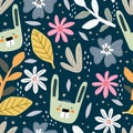 Seamless pattern with cartoon rabbit, flowers, decor elements on a neutral background. summer colorful vector for kids. hand drawi